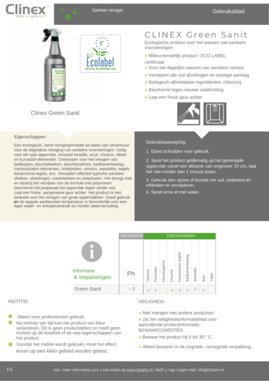 Sanitair reiniger Clinex Green Sanit Ecolabel 1 liter