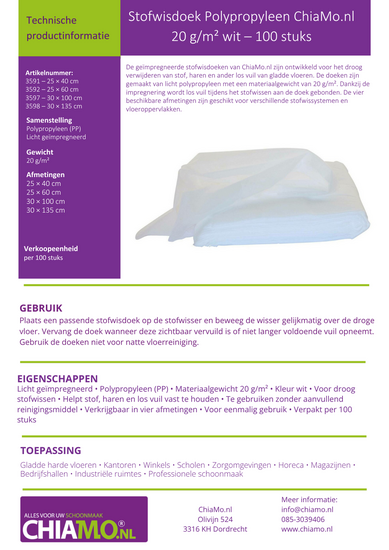 Productblad Stofwisdoek Polypropyleen 20 grams