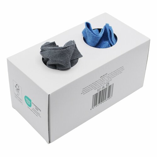 FIRST Microvezeldoeken Dispenserbox – 50 stuks (25 blauw / 25 grijs) – 30 x 30 cm – 200 g/m² – Naadloos & Oeko-Tex