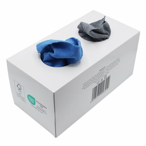 FIRST Microvezeldoeken Dispenserbox – 50 stuks (25 blauw / 25 grijs) – 38 x 38 cm – 250 g/m² – Naadloos & Oeko-Tex