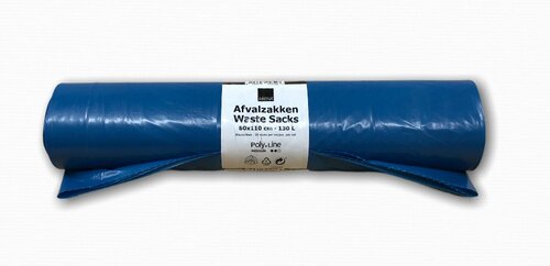 LDPE Afvalzak – Blauw – 80 x 110 cm – T60 / 43 micron – 130 liter – 100% Gerecycled – 10 rollen per doos